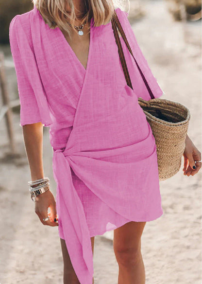 Casual Linen Cross Style V-neck Short-sleeved Dress