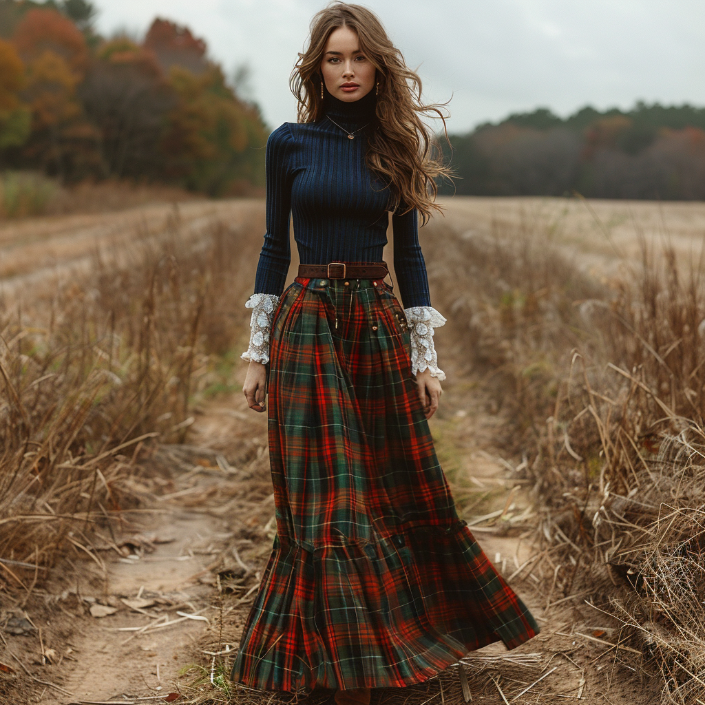 Women's Retro High Neck Long-sleeve Long Skirt Plaid Pastoral Style Maxi Long Dress