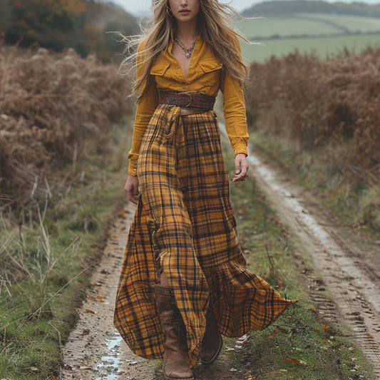Women's Vintage V-neck Bohemian Pastoral Style Long-sleeve Maxi Long Dress