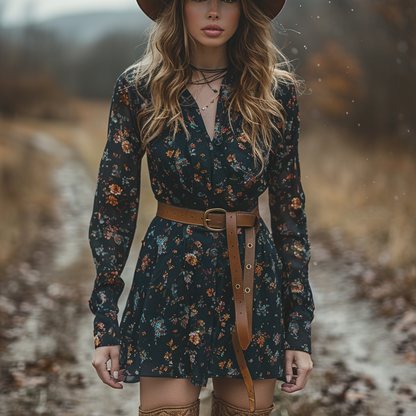 Women's Retro V-neck Floral Bohemian Pastoral Style Long-sleeved Mini Short Dress