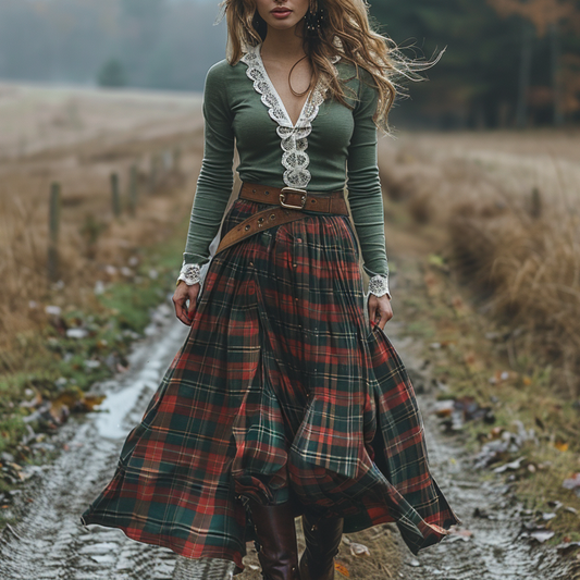 Women's Retro Plaid V-neck Long-sleeve Long Skirt Pastoral Style Maxi Long Dress