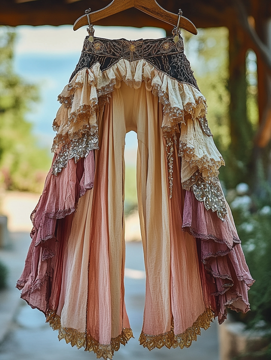 Summer ruffled cotton and linen patchwork contrast color pants e1b8