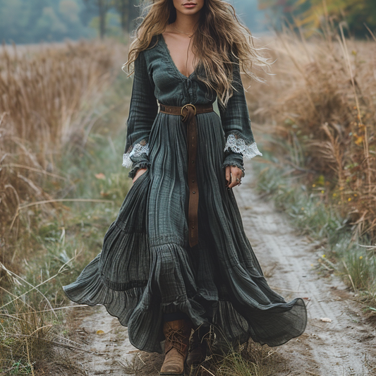 Women's Vintage V-neck Linen Long-sleeve Maxi Long Dress