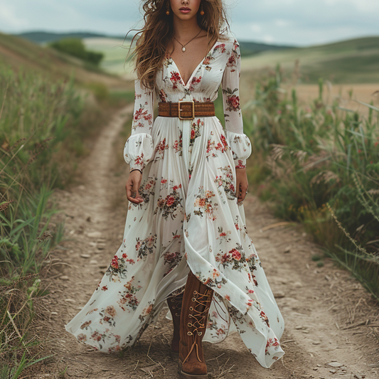 Women's Retro V-neck Floral Long-sleeve Bohemian Pastoral Style Maxi Long Dress