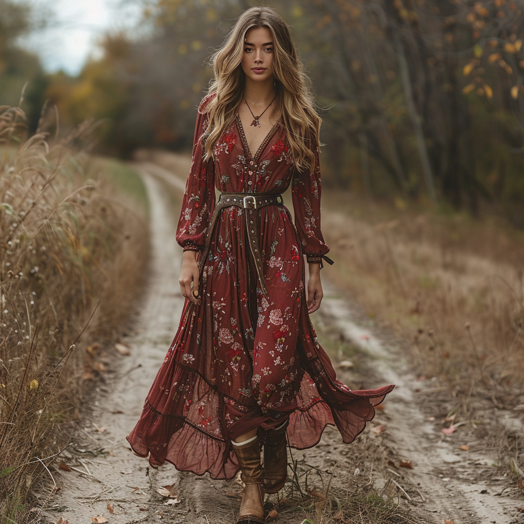 Women's Vintage V-neck Floral Bohemian Pastoral Style Long-sleeved Maxi Long Dress