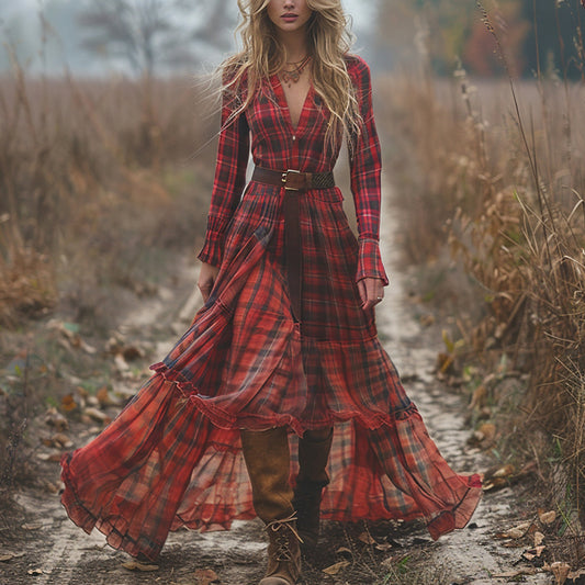 Women's Vintage V-neck Bohemian Pastoral Style Long-sleeve Maxi Long Dress