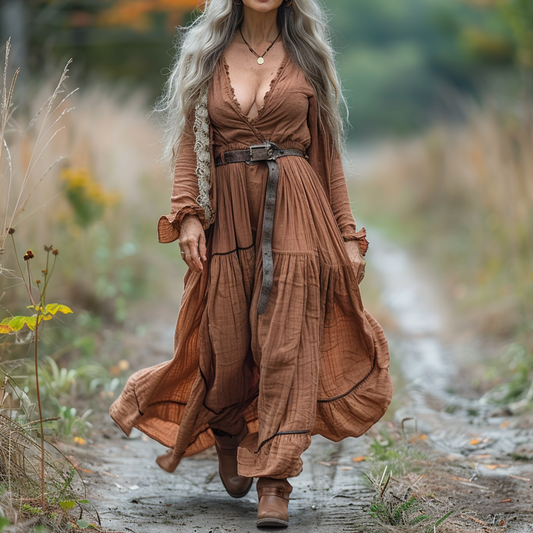 Women's Vintage Pastoral Style V-neck Linen Long-sleeve Maxi Long Dress