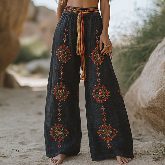Women's Casual Bohemia Vacation Linen Style Long Loose Wide-leg Trouser Pants