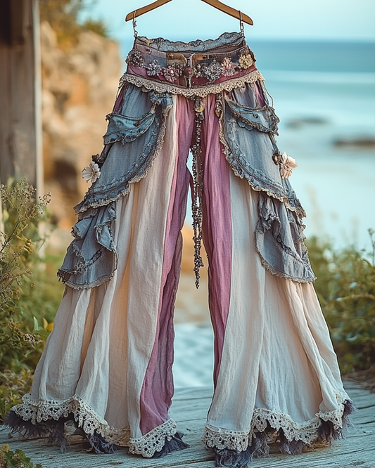 Summer Vacation Ruffle Lace Patchwork Pants e864