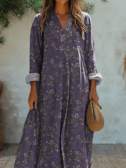 Vintage Lavender Floral Pattern Printed Women's Dress