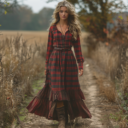 Women's Vintage V-neck Bohemian Pastoral Plaid Style Long-sleeve Maxi Long Dress