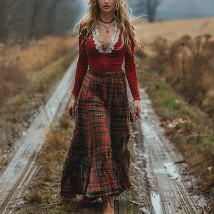 Women's Retro Plaid V-neck Long-sleeve Long Skirt Pastoral Style Maxi Long Dress