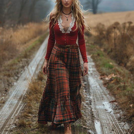Women's Retro Plaid V-neck Long-sleeve Long Skirt Pastoral Style Maxi Long Dress