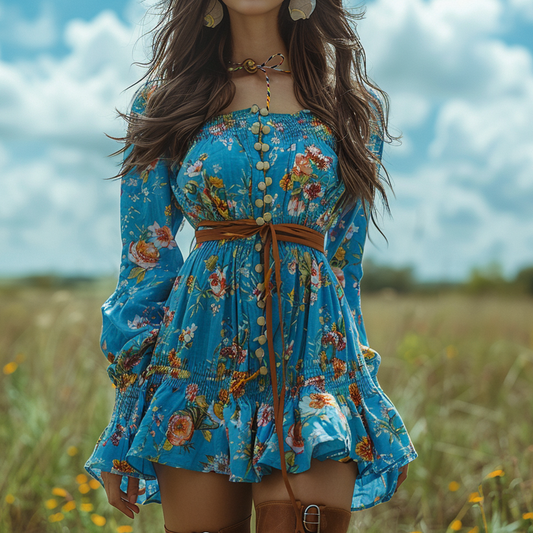 Women's Retro Floral Bohemian Pastoral Style Long-sleeved Mini Short Dress