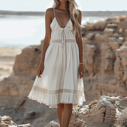 Resort Linen Bohemia Style Casual Midi Long Dress
