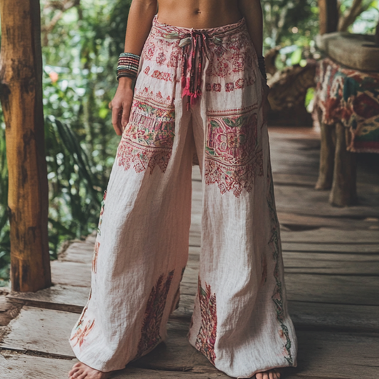 Bohemian Holiday Style Retro Linen Floral Ethnic Totem Print Casual Pants