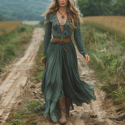 Women's Vintage V-neck Bohemian Pastoral Style Long-sleeve Maxi Long Dress