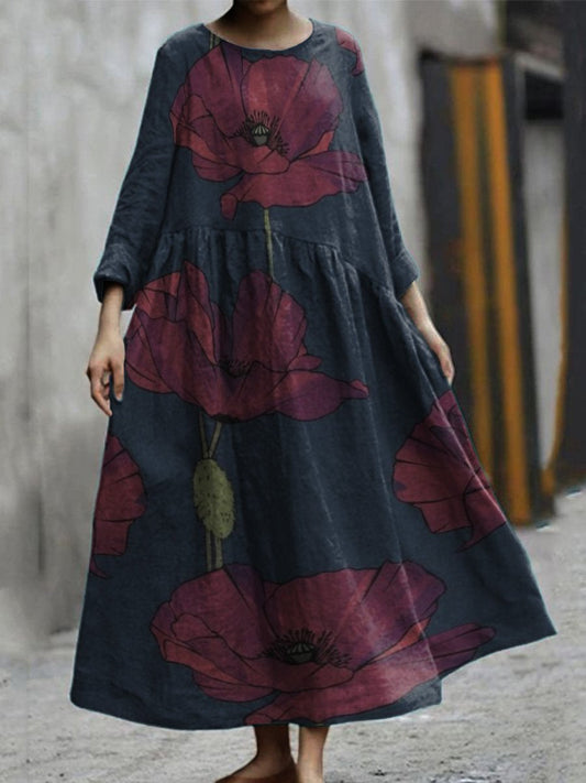 Vintage Dark Red Flower Pattern Pocket Cotton Dress