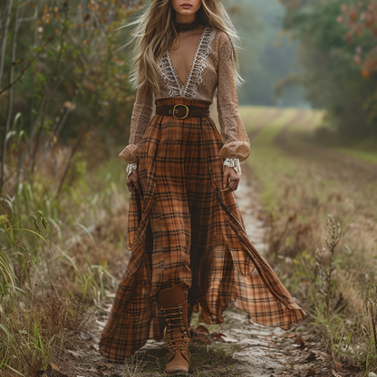 Women's Retro Plaid V-neck Long-sleeve Long Skirt Pastoral Style Maxi Long Dress