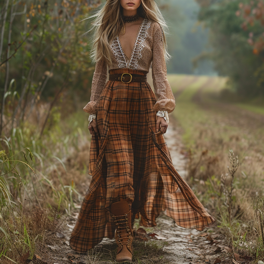Women's Retro Plaid V-neck Long-sleeve Long Skirt Pastoral Style Maxi Long Dress