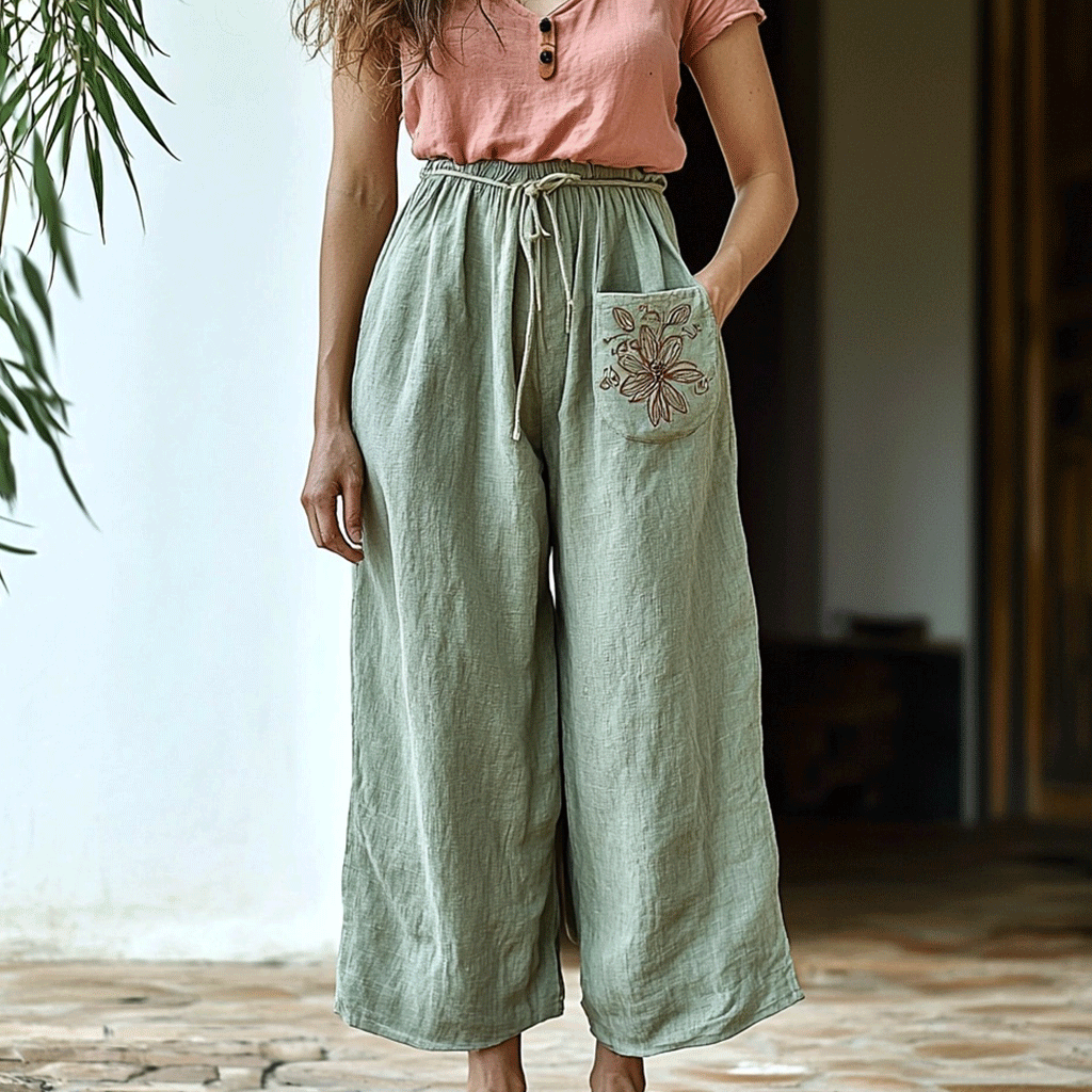 Women's Linen Bohemian Floral Pocket Cropped Harem Trouser Pants