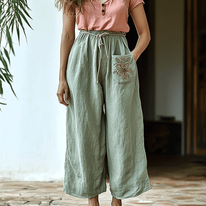 Women's Linen Bohemian Floral Pocket Cropped Harem Trouser Pants