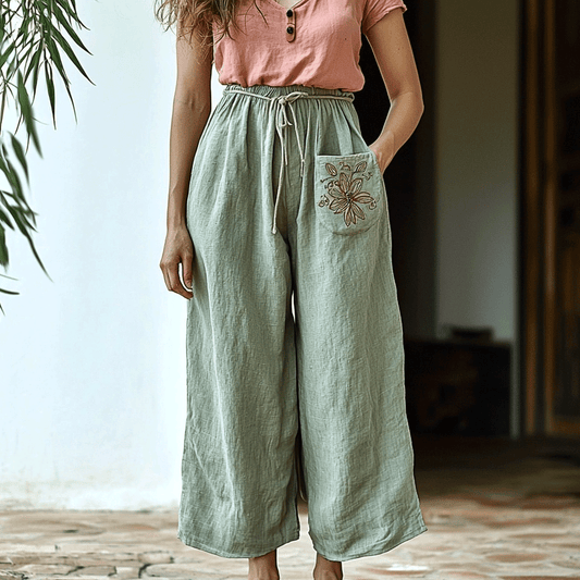 Women's Linen Bohemian Floral Pocket Cropped Harem Trouser Pants