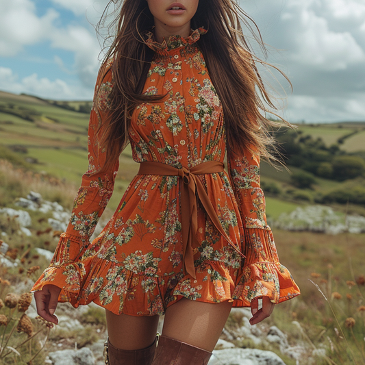 Women's Retro Floral Bohemian Pastoral Style Long-sleeved Mini Short Dress