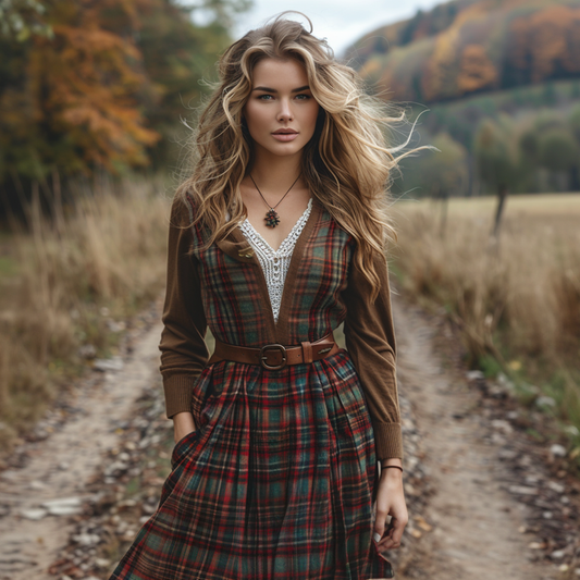 Women's Retro Plaid V-neck Long-sleeve Long Skirt Pastoral Style Maxi Long Dress