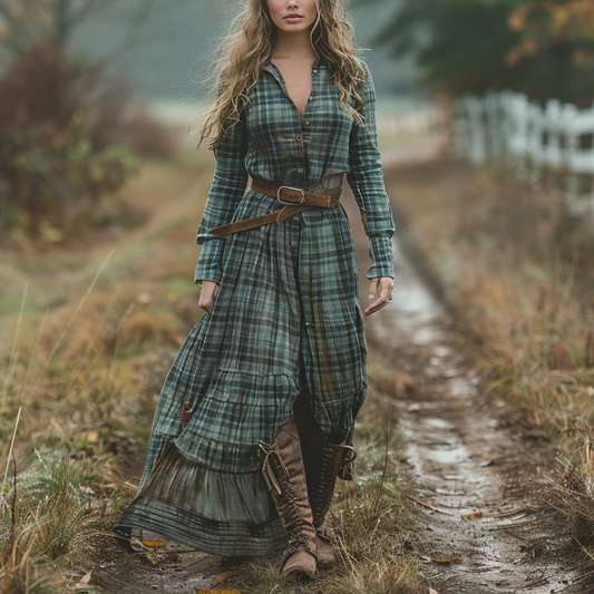 Women's Vintage V-neck Bohemian Pastoral Style Long-sleeve Maxi Long Dress