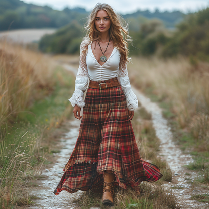 Women's Retro Plaid V-neck Long-sleeve Long Skirt Pastoral Style Maxi Long Dress