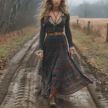 Women's Retro Plaid V-neck Long-sleeve Long Skirt Pastoral Style Maxi Long Dress