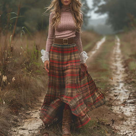 Women's Retro High Neck Long-sleeve Long Skirt Plaid Pastoral Style Maxi Long Dress