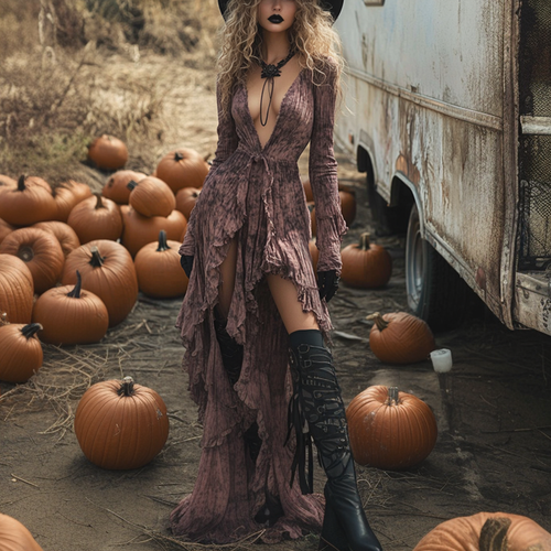 Women's Halloween Witch Style Tie-dye Long-sleeve Maxi Long Dress