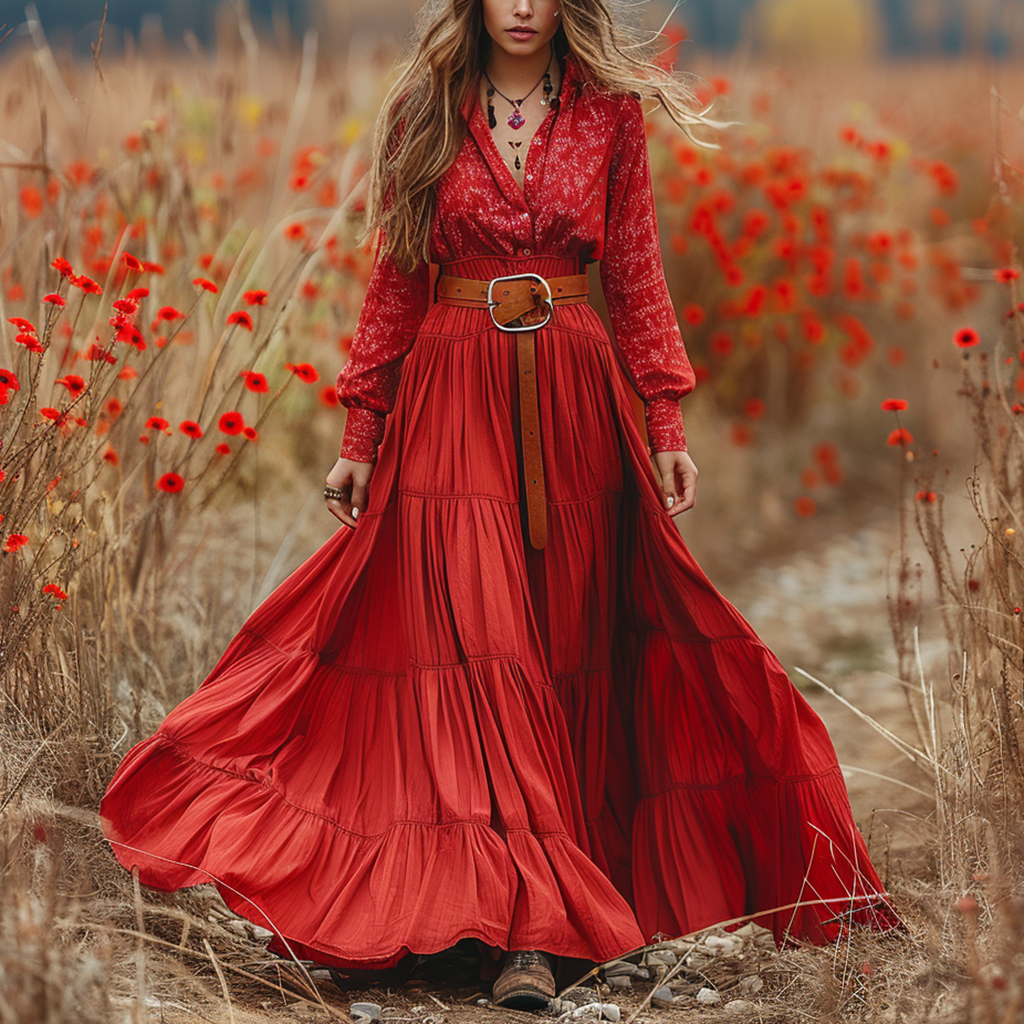 Women's Retro V-neck Floral Long-sleeve Bohemian Pastoral Style Maxi Long Dress