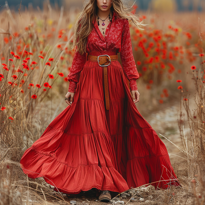 Women's Retro V-neck Floral Long-sleeve Bohemian Pastoral Style Maxi Long Dress