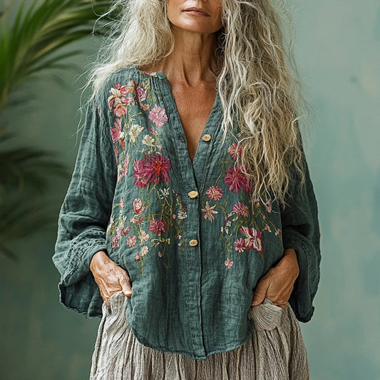 Women's Linen Bohemian Flower Printed Casual Long-sleeve Top Shirt