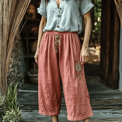 Women's Linen Bohemian Style Floral Wide-leg Trousers Pants