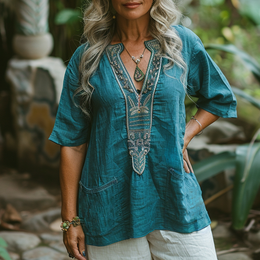 Retro Loose Bohemia Ethnic Style Linen V-neck Short-sleeved Top