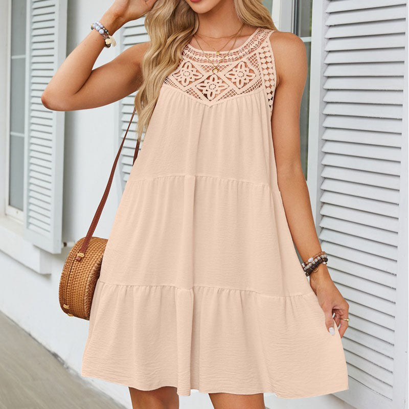 Hollow Lace Stitching Halter Neck A-line Dress
