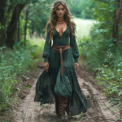 Women's Vintage V-neck Bohemian Pastoral Style Long-sleeve Maxi Long Dress