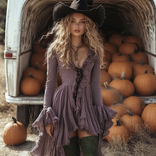 Women's Retro Halloween Linen Solid Color Style Long-sleeve Mini Short Dress