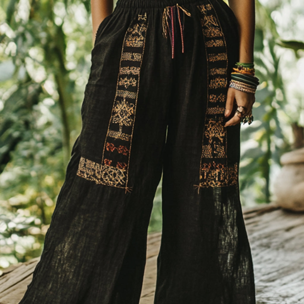 Bohemian Holiday Style Retro Linen Floral Ethnic Totem Print Casual Pants
