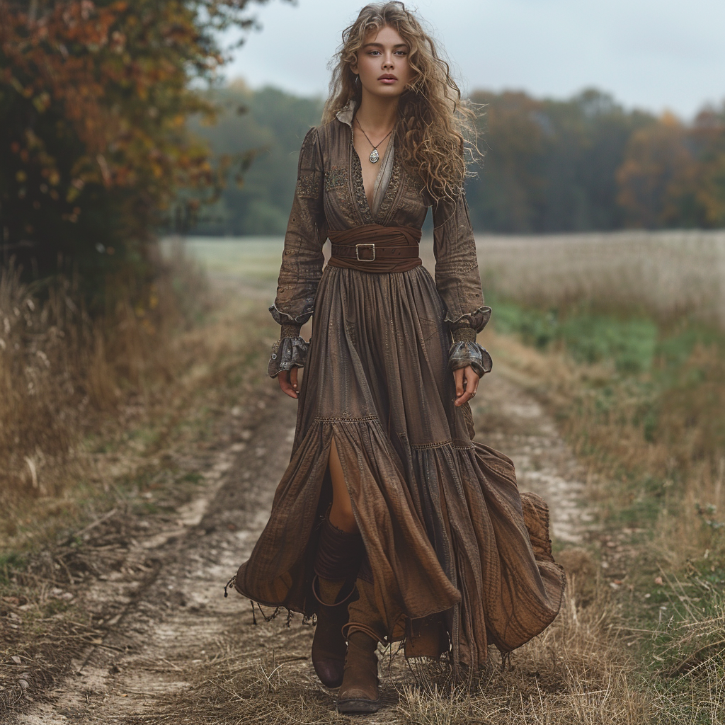 Women's Vintage V-neck Bohemian Pastoral Style Long-sleeved Maxi Long Dress