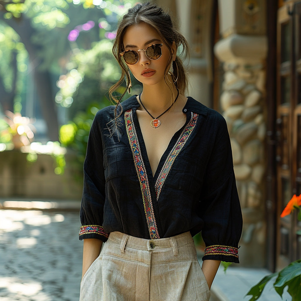 Women's Bohemia Style Casual Linen Shirt Top