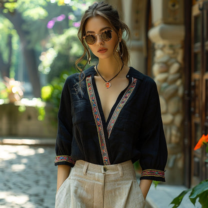 Women's Bohemia Style Casual Linen Shirt Top