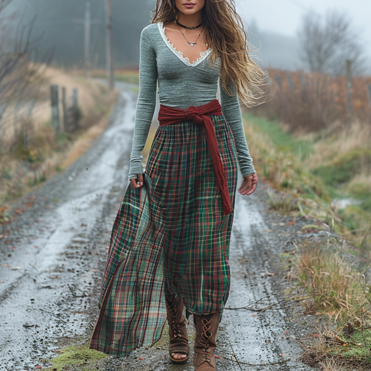 Women's Retro Plaid V-neck Long-sleeve Long Skirt Pastoral Style Maxi Long Dress