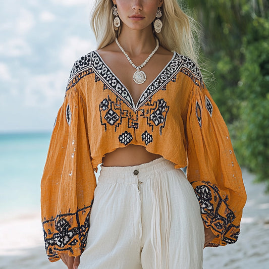 Women's Bohemian Ethnic Pattern Linen Style Casual Long-sleeved Top Shirt