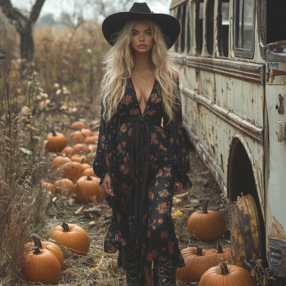 Vintage Cowgirl Style Halloween Floral Dress