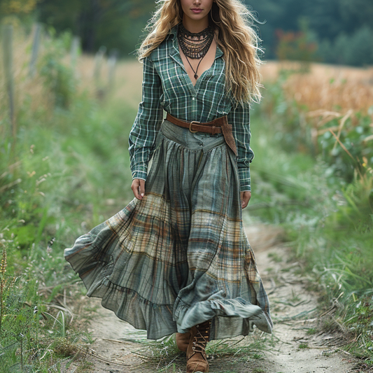 Women's Vintage V-neck Bohemian Pastoral Style Long-sleeve Maxi Long Dress